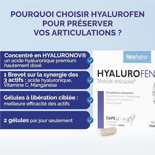 Laboratoire NaturAvignon Hyalurofen | Mobilité et flexibilité des articulations et tendons | Acide Hyaluronique | Gélules à libération ciblée | Fabriqué en France | 30 gélules (1mois)
