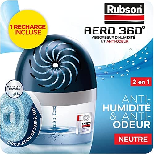 Rubson AERO 360° Absorbeur d'humidité pour pièce de 20 m2, déshumidificateur d'air efficace, anti odeur & anti moisissure, inclus 1 recharge neutre 450 g - Packaging renforcé, envoi en toute sécurité