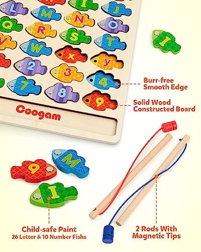 Coogam Magnetic Lettres numériques Jeu de pêche, Livres en Bois ABC Lettres numériques Montessori Jouets éducatifs 3 4 5 Ans Enfants