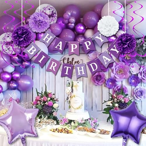 Décorations d'anniversaire violettes pour femmes et filles, bannière d'anniversaire violette, ballons à pompon, décorations d'anniversaire avec guirlande, kit de ballons violets pour la fête