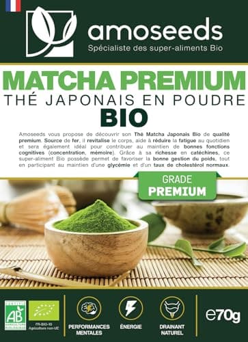 Thé Matcha en poudre Bio Japonais 70G | Thé Vert | Qualité Premium | Tonus, Minceur, Drainage