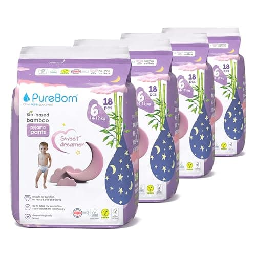 PureBorn Couches-Culottes Pour La Nuit, Taille 6 (14-19 kg), 72 (4x18) Culottes Bébé, Protection Contre les Fuites Toute la Nuit, Absorption Extra, Confort à sec