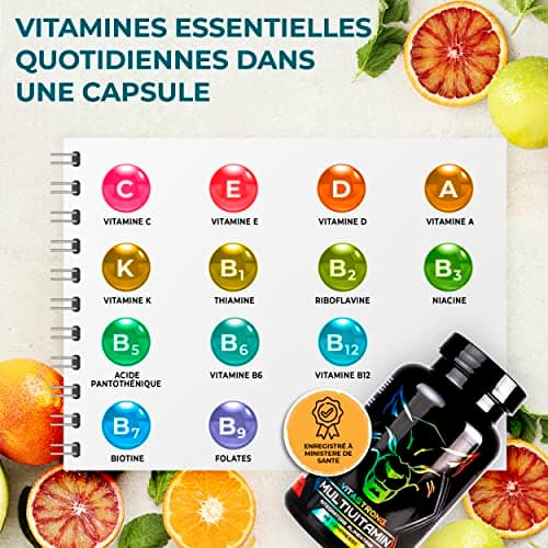 Multivitamines Complet | Vitastrong Vitamine C, E, B1, B2, B6, D, A, K, B12, Biotine | 100% Naturel et Pur | 13 Vitamines À Haute Dose | Made in Italy