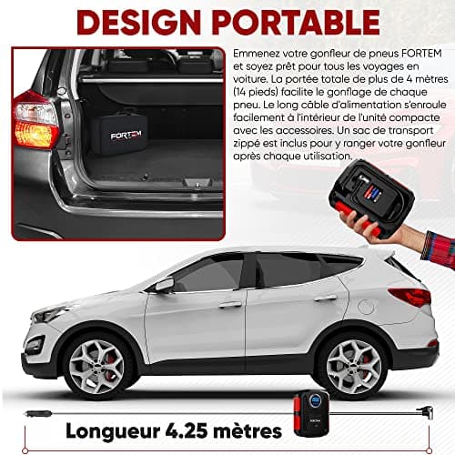 FORTEM Gonfleur Pneus Voiture, Compresseur à Air, Pompe à Vélo, Compresseur Voiture Électrique 12V – Compresseur Portatif Vélos avec Lumière LED, Jauge Numérique et Pompe/Arrêt Automatique (Rouge)