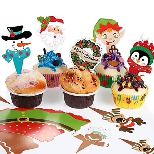 96 Pièces Décoration de Gâteau de Noël,Deco Gateau Noel,Sapin de Noël Gingerbread Men Père Noël Bonhomme de Neige Renne Elfe Pingouin Guirlande de Noël Décorations de Gâteaux de Noël,Cupcake Toppers