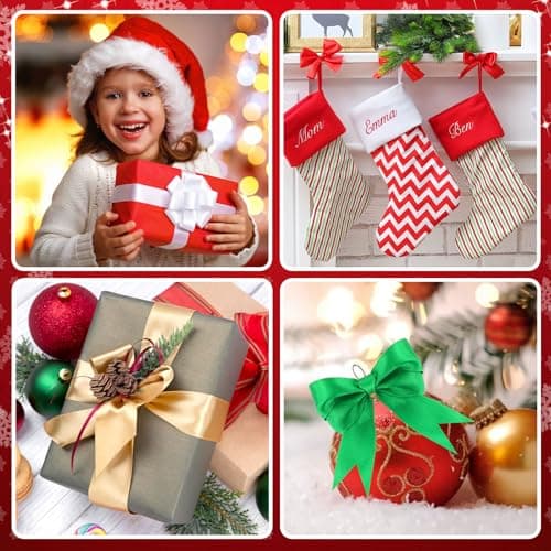 Ruban de Noël 4 Rouleaux, 2.5cm de large, 100 Yards, Rouge, Vert, Or, Blanc, pour Emballage Cadeaux et DIY