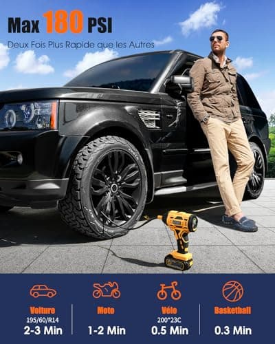 AUTDER Compresseur à Air Portatif, Gonfleur Pneus Voiture, Max 180 PSI/12.4 Bar, Compresseur Voiture sans Fil avec Batterie 21V et 12V DC, pour Voitures, Vélos, Motos, Ballons, Jaune