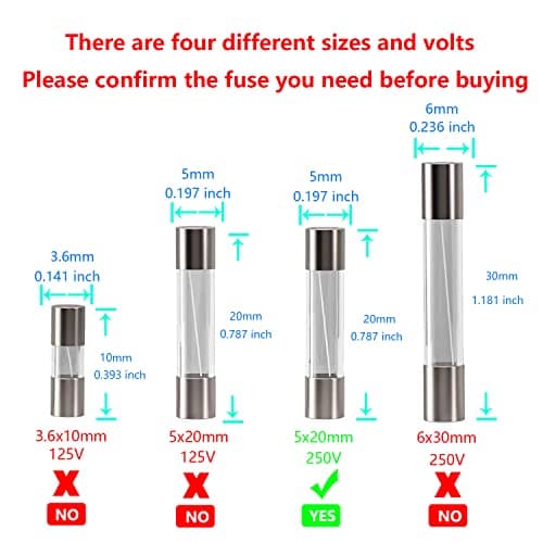 HUAREW T2.5AL250V 20 pièces 5x20mm fusible en verre à fusion lente 2.5A 250V 0.2 x 0.78 pouces fusible à retardement