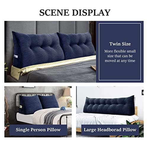 Johnear Coussin de Lecture pour lit ou canapé, Traversin Gros Coussin Dossier Corduroy,Oreiller Triangulaire Coussin Coin, tête de lit,Coussin pour Lombaire Jambe, cale Dos Plage, Bleu foncé 160cm