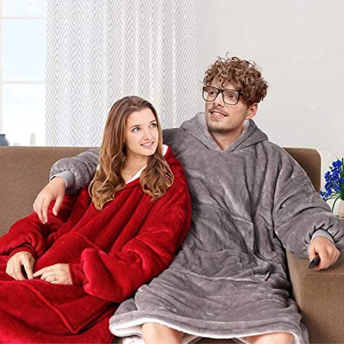 Flannel Hoodie Couverture Chaude Douce Robe Sweat Pull avec des Manches Velvet Épaisse Plaid Couverture, Sweat à Capuche Super Doux Chaud Confortable Taille Unique Gris