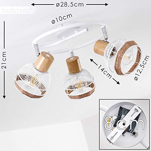 Plafonnier Bariloche en bois, raffia & métal blanc, 3 spots de plafond pivotants créant un effet lumineux au plafond par les abat-jours grillagés, pour 3 ampoules E27, ampoule(s) non incluse(s)