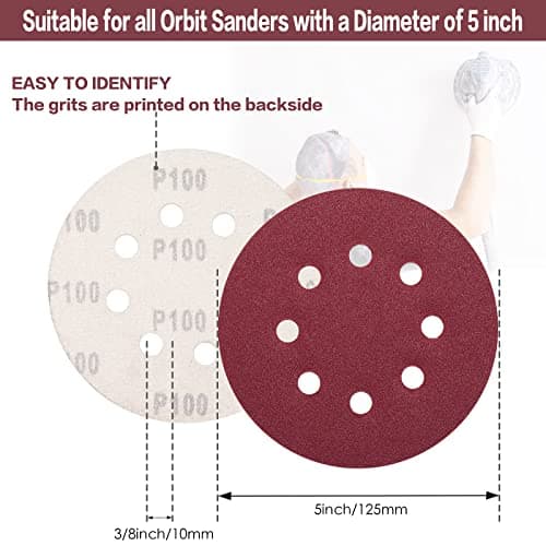 STEBRUAM 100PCS Disque de Ponçage 125mm Grain 100, Disques a Poncer Papier Abrasifs 8 Trous Idéal pour Poncer/Polir pour Ponceuse Excentrique