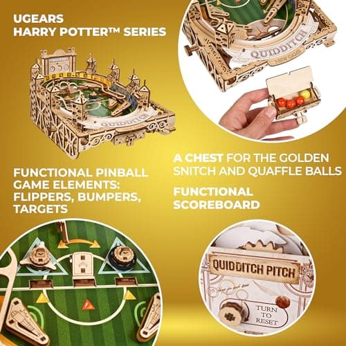 UGEARS Harry Potter Quidditch Flipper en Bois - Maquette en Bois à Construire - Puzzle 3D Bois - Jeu de Flipper Bois mécanique - Expérience de Flipper dans la Conception de Puzzles 3D