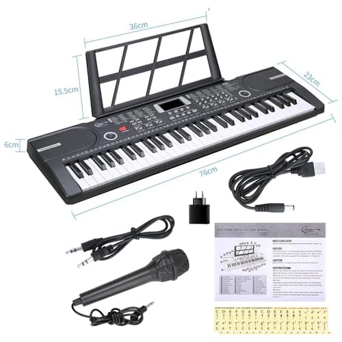 Hricane Clavier électronique 61 touches pour enfants, l'instrument de piano électronique portable pour débutant avec microphone, pupitre, autocollant (noir)