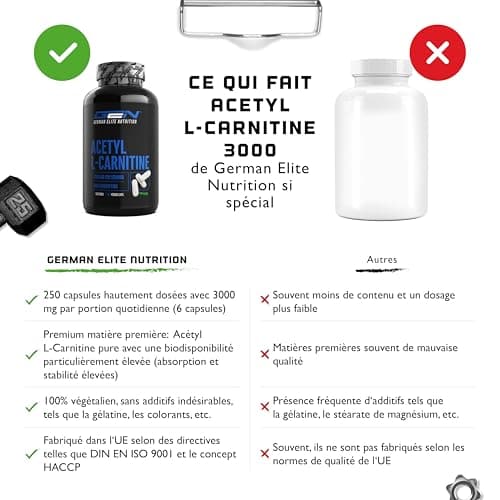 Acetyl L-Carnitine 3000 avec 250 gélules - 3000 mg par portion quotidienne - Premium : L-Carnitine sous forme d'acétyle - hautement dosée - Vegan