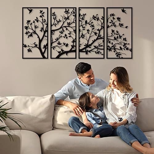 Décoration murale arbre de vie en métal à 4 panneaux pour cadeau de jardin, maison, chambre à coucher, salon (60 x 30 cm)