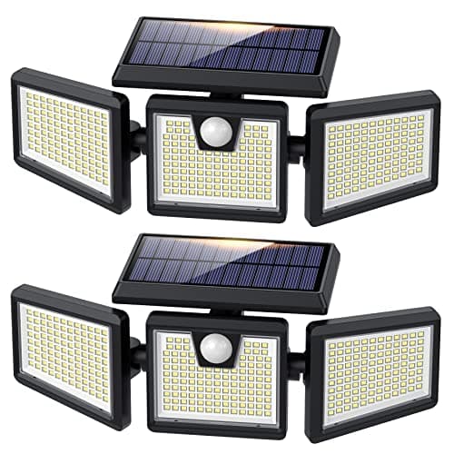 Lampes Solaires Extérieur à Détecteur de Mouvement, 3500LM 341LED Lumières Solaires avec 3 Têtes Réglables, 270° éclairage Grand Angle IP65 Projecteur Solaire éclairage Mural d'extérieur - 2 Pack