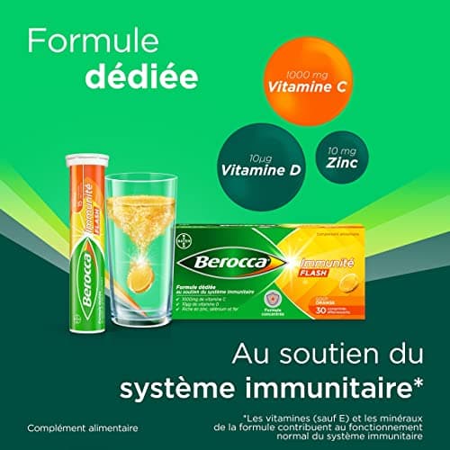 Berocca® Immunité Flash - Soutient le système immunitaire - Formule concentrée - Vitamines & minéraux - Vitamine C, D - Zinc -Sélénium - Fer - Complément alimentaire - 2X30 cp effervescents