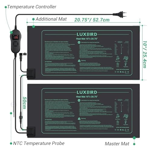Luxbird Tapis Chauffant pour Plantes avec Contrôleur de Température, 2 Tapis Chauffants avec 1 contrôleur, 30 Watts, Contrôle Un à Plusieurs, Étanchéité IP67, 52.7x25.4 cm