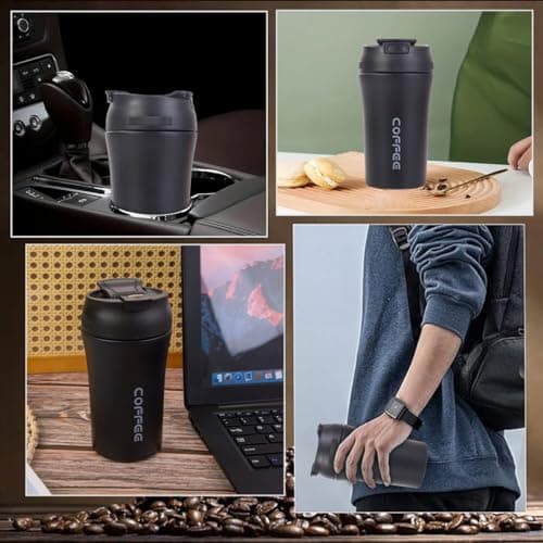 ZMHQLPDZ Tasse à café isotherme en acier inoxydable de 414 ml, étanche, avec couvercle à vis, gobelet à café à double paroi réutilisable pour boissons chaudes/glacées, 400 ml (noir)