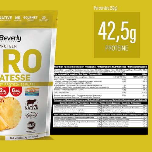 Beverly ZÉRO DÉLICATESSE | 1 kg | 85% Protéines de Lactosérum Hydrolysées | Avec Digezyme et Tolerase | Masse et force musculaire | Mixeur offert (ANANAS)