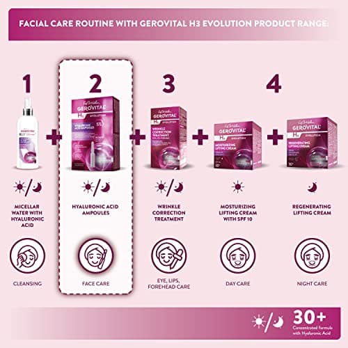 Sérum à l'Acide Hyaluronique pour Visage, Traitement Anti-Rides, Effet Très Hydratant, Régénérant et Antioxydant, Non Injectable, 10 flacons x 2 ml, Gerovital H3 Evolution