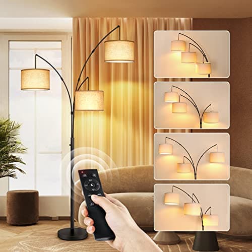 OUTON Arc LED-Stehlampe mit Fernbedienung, dimmbar, modern, schwarz, 3 Lichter, gewölbte hohe Stehlampe, Mid-Century, verstellbare Steh-Ecklampe mit Hängeschirm für Schlafzimmer, Büro, Wohnzimmer