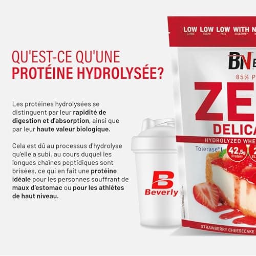 Beverly ZERO DÉLICATESSE | 1 kg | 85% de protéines de lactosérum hydrolysées | Avec Digezyme et Tolerase | Masse et force musculaire | Mixeur gratuit (GÂTEAU AU FROMAGE AUX FRAISE)