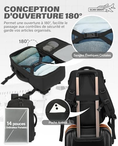 VANKEV Bagage Cabine 40x20x25 Pour Ryanair Sac à Dos Voyage Cabine Avion Bagage à Main Femme Homme 20L Sous Siege Bagage Sac De Voyage Pour Ordinateur Portable 14 Pouces Noir