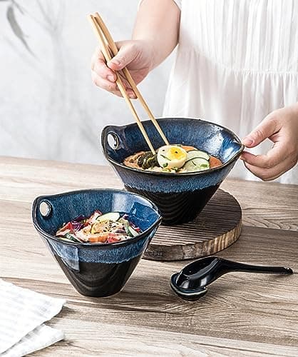 Henten Home Bols à Ramen, Bol Chinois pour Soupe Porcelaine, 8 Pièces pour Udon, Pâtes, Céréales et Mélange de Fruits, Bol Fait à la Main de Style Japonais - 600ml, Bleu