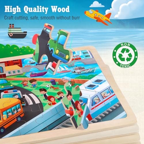 Puzzles en Bois Enfant 3 4 5 Ans, Lot de 4x24 Pièces Jouet Puzzle Jeux,Véhicules de Construction Camions Pompiers Transport Urbain Jeux Montessori Éducatif Jigsaw Puzzle Jouet pour Garçons Filles