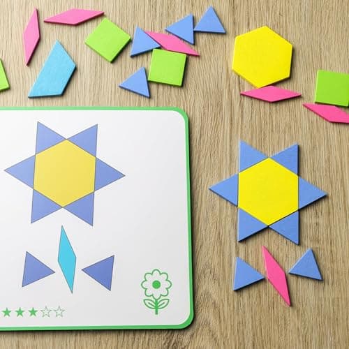 155 Pièces Tangram Bois Enfant, Puzzle Montessori Formes Géométriques Puzzle en Bois Jeu Tangram avec 12 Cartes Recto-Verso Jouet en Bois Montessori à Partir de 3 Ans pour Les Jeux Éducatifs D'éveil
