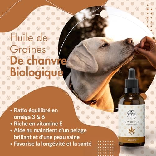 Belly Huile de Chanvre Chien & Chat - 100ml - Pressé à Froid - Riche en Omega 3 6 9, Vitamine E - Sommeil, Anti Stress Chien, Pelage Brillant, Système Immunitaire & Articulation Renforcé