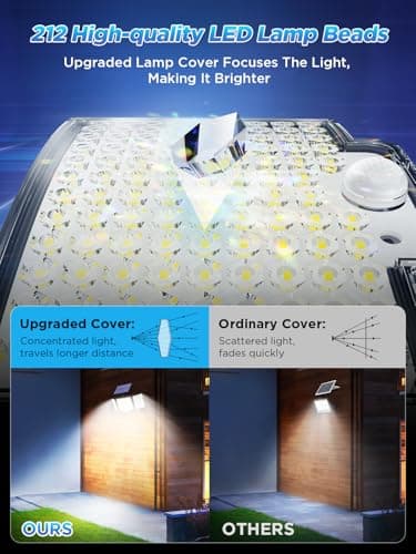 SIGRILL Lampe Solaire Exterieur Detecteur de Mouvement, 212 LED Lumière Solaire Extérieure avec Télécommande, Projecteur Solaire avec Éclairage à 340°, IP65 Étanche (1 Pièce - Lumière Froide)