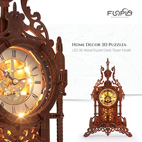 FUNPOLA Maquette en Bois Construire Puzzle 3D Bois LED Tour Horloge, Modele de Construction de Puzzle 3D, Kit de modèle d'horloge de puzzle 3D DIY (LED-WTC02)