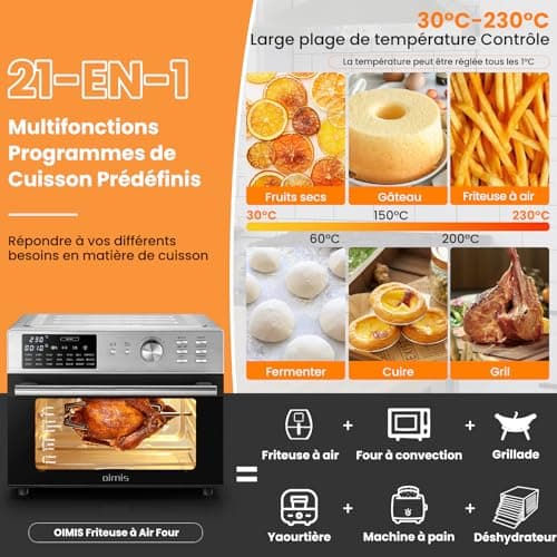 Oimis Friteuse à Air Four 30L, Friteuse Sans Huile 1800W, Friteuse à Air Chaud avec 21 Programmes Prédéfinis, Cook Rôtissoire Déshydrateur, 7 Accessoires, Livre de Recettes, Four à Air Chaud,Argent