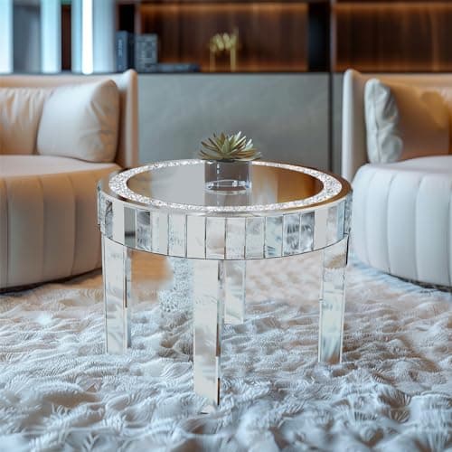 Artloge Table Basse Salon Ronde: Table Basse Argenté en Verre avec Diamants Table d'Appoint Moderne Design en Miroir pour Chambre Café Bureau - 60×60×50CM