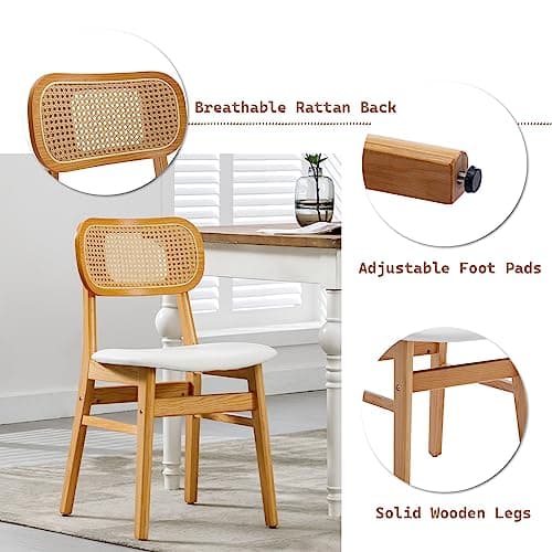 Wahson Lot de 4 Chaise de Salle à Manger en Rotin et Chaise Bois, Chaise Salle à Manger Bois Rétro avec Coussin Imperméable, Chaise de Cuisine Confortable pour Salle à Manger et Salon, Blanc