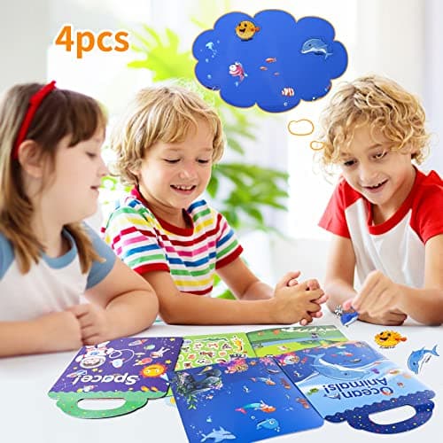 FORMIZON Cahier D'autocollants, Lot de 4 Livres D'autocollants Réutilisables pour Enfants, Animaux de L'océan et Dinosaures Livres D'autocollants Amovibles pour Tout-Petits, pour 2 à 6 Ans
