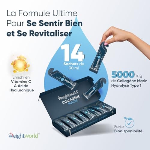 Collagène Marin Hydrolysé Liquide 5000mg/Dose + Acide Hyaluronique & Vitamine C - Immunité, Beauté, Peau & Articulations - Collagène Marin Peptide Type 1 Goût Fruité 420ml (14 Sachets x 30ml)