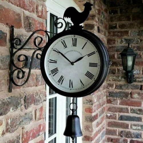 Horloge de jardin - Horloge de gare - Montre Résistante aux intempéries - Design double face - Étanche - 20 cm - Rétro - Avec support mural - Pour jardin, couloir, véranda, gare - Noir