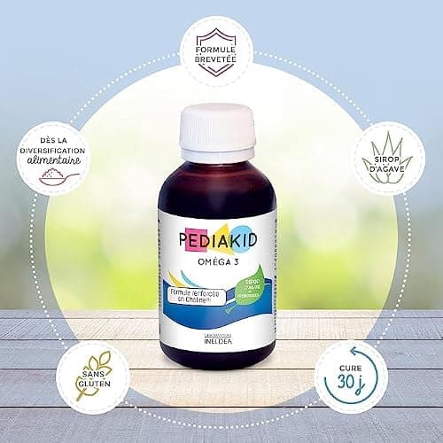 PEDIAKID - Oméga 3 - Complément Alimentaire Naturel - Formule Exclusive au Sirop d'Agave - Riche en DHA - Favorise le Bon Fonctionnement du Cerveau - Goût Citron-Cola - Flacon de 125 ml