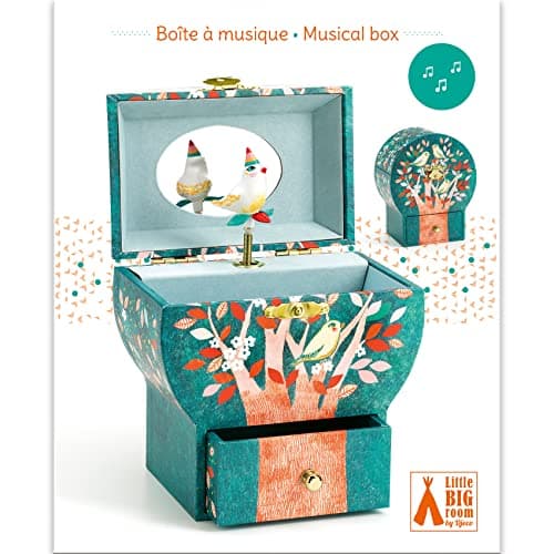 DJECO Boîte à Musique et Bijoux en Bois dès 4 ans - Rangement Bijoux avec Intérieur en Velours et 1 Tiroir - Cadeau Décoratif Unique - Figurine, Mélodie, Miroir et Illustrations - Arbre Poétique