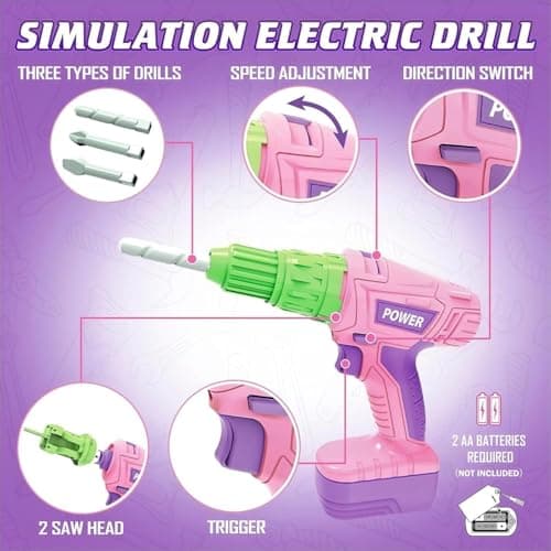 ANYCESO Ensemble d'outils électriques pour Enfants, Coffret de Jouets de Construction, visseuse sans Fil, idée Cadeau pour garçons et Filles de 3 à 8 Ans, Rose