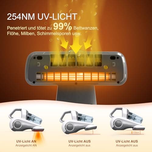 Dibea Aspirateur Anti-acariens 15 Kpa avec lumière UV-C, 300 W, pour Matelas, élimine 99,99% des bactéries allergiques, allergènes, punaises de lit