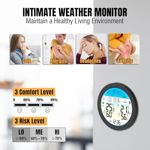 Raddy DT7 Station météo sans fil avec capteur à distance, thermomètre-hygromètre, stations météo avec grand écran couleur HTN, horloge DCF, double alarme, prévisions météo, alerte de gel