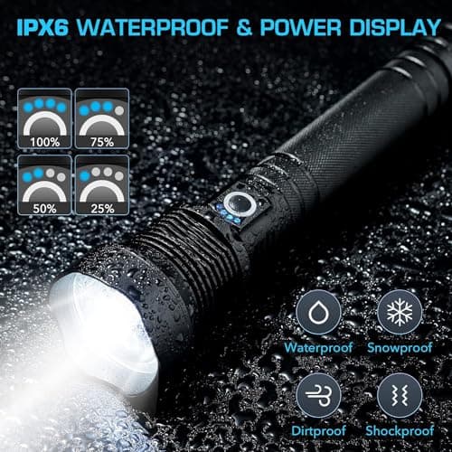 Lampe Torche LED Ultra Puissante,90000 Lumens Lampe de Poche Rechargeable USB Type-C, XHP70 Ajustable Zoomable Étanche Torche D'éclairage pour Camping Randonnée,et Urgences(avec batterie de 10000 mAh)