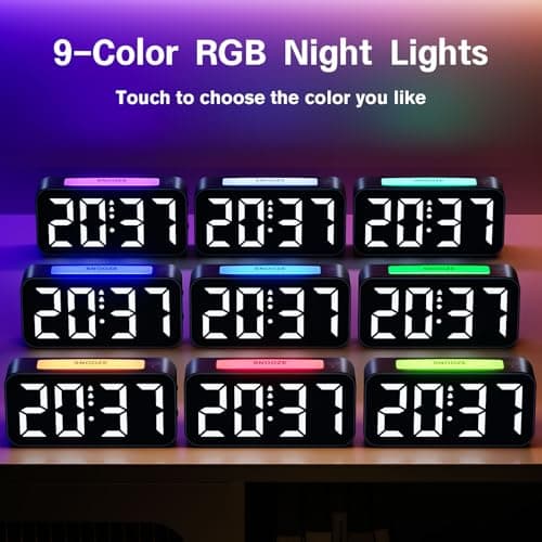 Reveil, Réveil Numérique Grand écran LED avec Veilleuses 9 Colorées, Luminosité & Volume réglable, Cloche Double, Snooze, 12/24H, Alimentation électrique (Adaptateur Inclure)
