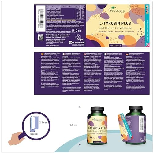 L-Tyrosine Plus 1200 mg | THYROIDE* | Avec Iode, Selenium et Vitamine B | Énergie + Fatigue Mentale | 180 Gélules | VEGAN et SANS ADDITIFS | Vegavero®