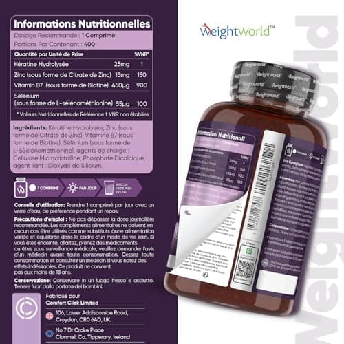Biotine Avec Kératine, Sélénium et Zinc Complement Alimentaire - 400 Comprimés Végans Pour +1 An - Pour La Croissance Des Cheveux, Ongles et la Barbe - D-Biotine Avec Kératine Pour Femmes et Hommes